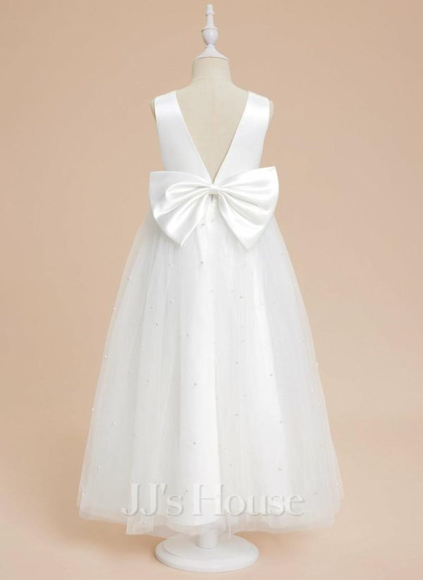 Flower Girl Dresses | A-line V-Neck Ankle-Length Satin/Tulle Flower Girl Dress Ivory – Girls