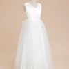 Flower Girl Dresses | A-line V-Neck Ankle-Length Satin/Tulle Flower Girl Dress Ivory – Girls