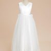 Flower Girl Dresses | A-line V-Neck Ankle-Length Satin/Tulle Flower Girl Dress Ivory – Girls