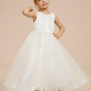 Flower Girl Dresses | Ball-Gown/Princess Scoop Asymmetrical Lace/Tulle Flower Girl Dress Ivory – Girls