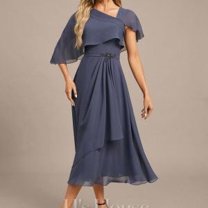 Formal & Evening | A-line Asymmetrical Tea-Length Chiffon Evening Dress With Cascading Ruffles Beading Stormy – Womens