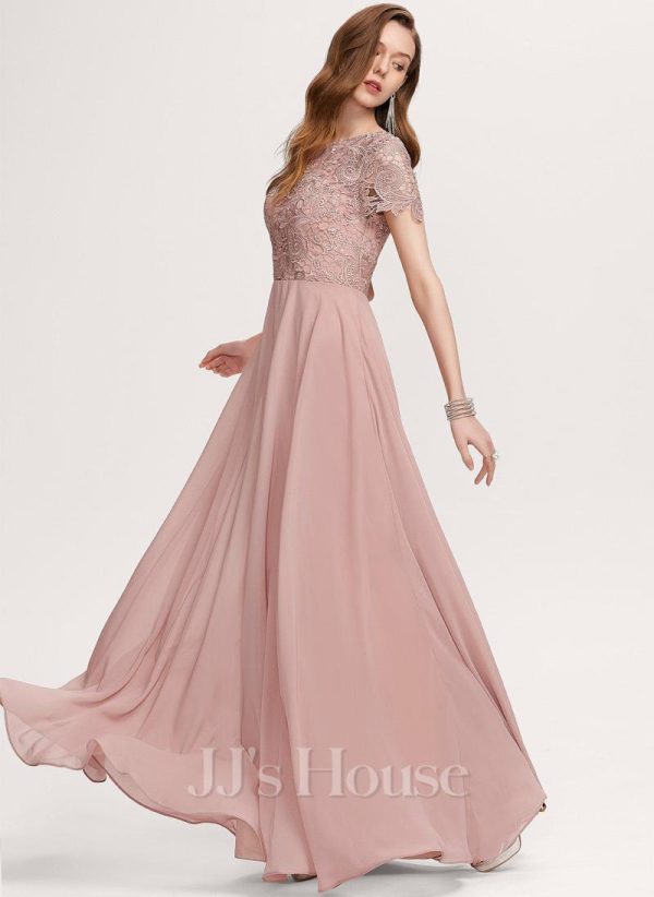 Formal & Evening | A-line Scoop Floor-Length Chiffon Lace Evening Dress Dusty Rose – Womens