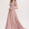 Formal & Evening | A-line Scoop Floor-Length Chiffon Lace Evening Dress Dusty Rose – Womens