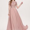 Formal & Evening | A-line Scoop Floor-Length Chiffon Lace Evening Dress Dusty Rose – Womens