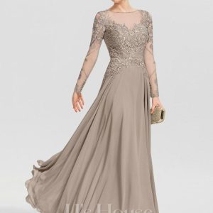 Formal & Evening | A-line Scoop Illusion Floor-Length Chiffon Lace Evening Dress With Sequins Beading Taupe – Womens