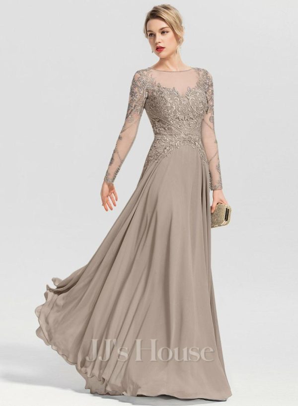 Formal & Evening | A-line Scoop Illusion Floor-Length Chiffon Lace Evening Dress With Sequins Beading Taupe – Womens