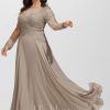 Formal & Evening | A-line Scoop Illusion Floor-Length Chiffon Lace Evening Dress With Sequins Beading Taupe – Womens