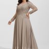 Formal & Evening | A-line Scoop Illusion Floor-Length Chiffon Lace Evening Dress With Sequins Beading Taupe – Womens