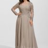 Formal & Evening | A-line Scoop Illusion Floor-Length Chiffon Lace Evening Dress With Sequins Beading Taupe – Womens