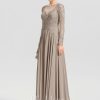 Formal & Evening | A-line Scoop Illusion Floor-Length Chiffon Lace Evening Dress With Sequins Beading Taupe – Womens