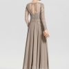 Formal & Evening | A-line Scoop Illusion Floor-Length Chiffon Lace Evening Dress With Sequins Beading Taupe – Womens