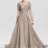 Formal & Evening | A-line Scoop Illusion Floor-Length Chiffon Lace Evening Dress With Sequins Beading Taupe – Womens