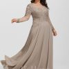 Formal & Evening | A-line Scoop Illusion Floor-Length Chiffon Lace Evening Dress With Sequins Beading Taupe – Womens