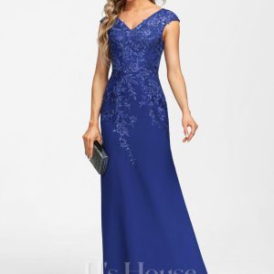 Formal & Evening | Sheath/Column V-Neck Floor-Length Lace Chiffon Evening Dress With Sequins As Picture – Womens