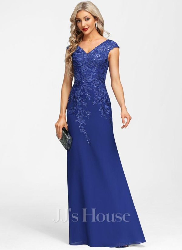 Formal & Evening | Sheath/Column V-Neck Floor-Length Lace Chiffon Evening Dress With Sequins As Picture – Womens