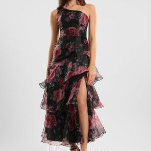 Semi-formal & Cocktail | A-line One Shoulder Ankle-Length Polyester Cocktail Dress With Flower As Picture – Womens