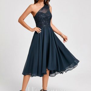 Semi-formal & Cocktail | A-line One Shoulder Asymmetrical Lace Chiffon Sequin Cocktail Dress With Sequins Dark Navy – Womens