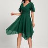 Semi-formal & Cocktail | A-line V-Neck Asymmetrical Chiffon Cocktail Dress Dark Green – Womens