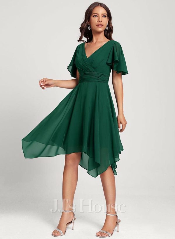 Semi-formal & Cocktail | A-line V-Neck Asymmetrical Chiffon Cocktail Dress Dark Green – Womens