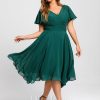 Semi-formal & Cocktail | A-line V-Neck Asymmetrical Chiffon Cocktail Dress Dark Green – Womens