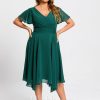 Semi-formal & Cocktail | A-line V-Neck Asymmetrical Chiffon Cocktail Dress Dark Green – Womens