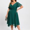 Semi-formal & Cocktail | A-line V-Neck Asymmetrical Chiffon Cocktail Dress Dark Green – Womens