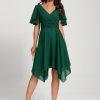 Semi-formal & Cocktail | A-line V-Neck Asymmetrical Chiffon Cocktail Dress Dark Green – Womens