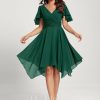 Semi-formal & Cocktail | A-line V-Neck Asymmetrical Chiffon Cocktail Dress Dark Green – Womens