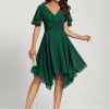 Semi-formal & Cocktail | A-line V-Neck Asymmetrical Chiffon Cocktail Dress Dark Green – Womens