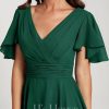 Semi-formal & Cocktail | A-line V-Neck Asymmetrical Chiffon Cocktail Dress Dark Green – Womens