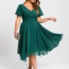 Semi-formal & Cocktail | A-line V-Neck Asymmetrical Chiffon Cocktail Dress Dark Green – Womens