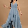 Semi-formal & Cocktail | A-line V-Neck Asymmetrical Chiffon Cocktail Dress Dusty Blue – Womens