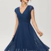 Semi-formal & Cocktail | A-line V-Neck Knee-Length Chiffon Cocktail Dress With Ruffle Navy Blue – Womens