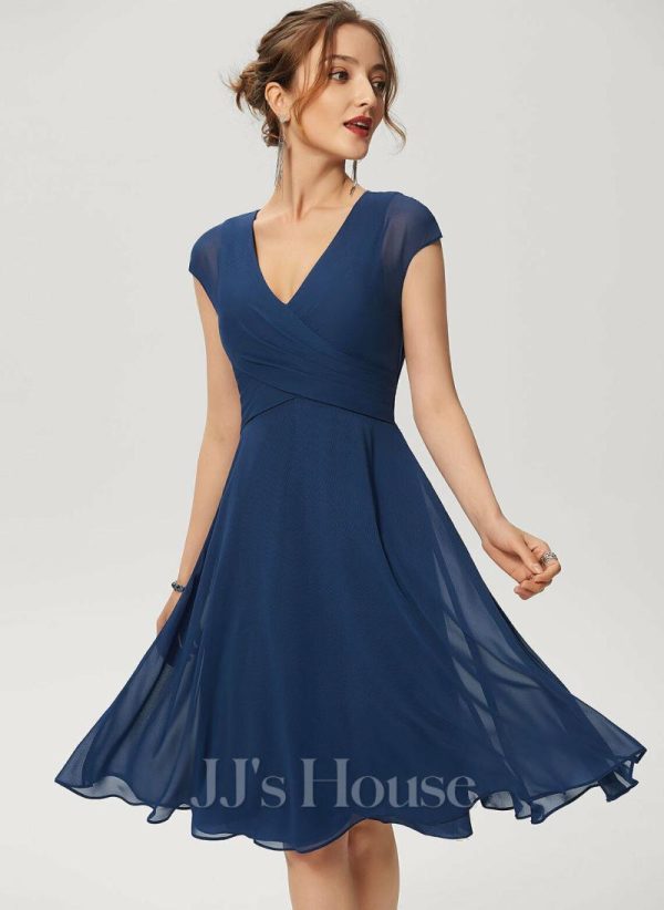 Semi-formal & Cocktail | A-line V-Neck Knee-Length Chiffon Cocktail Dress With Ruffle Navy Blue – Womens