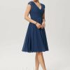 Semi-formal & Cocktail | A-line V-Neck Knee-Length Chiffon Cocktail Dress With Ruffle Navy Blue – Womens