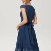 Semi-formal & Cocktail | A-line V-Neck Knee-Length Chiffon Cocktail Dress With Ruffle Navy Blue – Womens