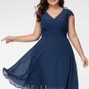 Semi-formal & Cocktail | A-line V-Neck Knee-Length Chiffon Cocktail Dress With Ruffle Navy Blue – Womens