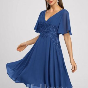 Semi-formal & Cocktail | A-line V-Neck Knee-Length Lace Chiffon Cocktail Dress Royal Blue – Womens