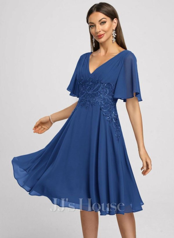 Semi-formal & Cocktail | A-line V-Neck Knee-Length Lace Chiffon Cocktail Dress Royal Blue – Womens