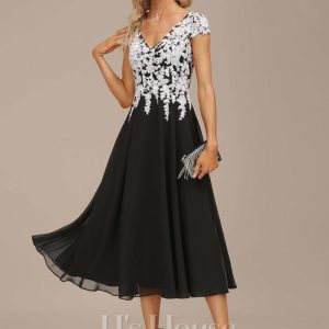 Semi-formal & Cocktail | A-line V-Neck Tea-Length Lace Chiffon Cocktail Dress Black – Womens