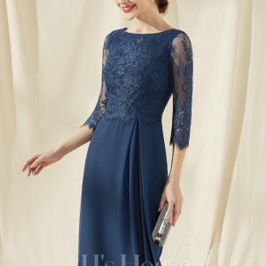 Semi-formal & Cocktail | Sheath/Column Scoop Knee-Length Lace Chiffon Cocktail Dress With Ruffle Navy Blue – Womens