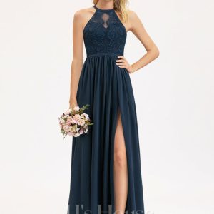 Formal & Evening | A-line Scoop Illusion Floor-Length Lace Chiffon Evening Dress Dark Navy – Womens