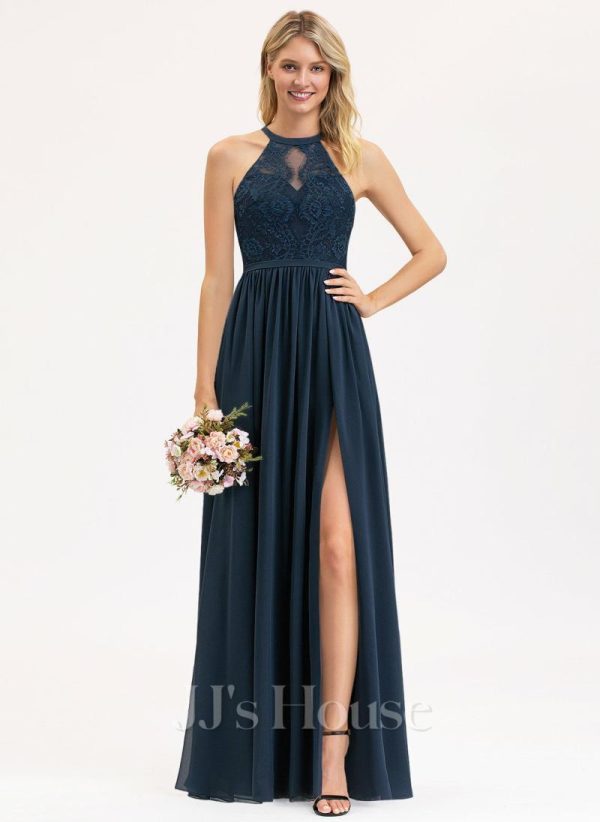 Formal & Evening | A-line Scoop Illusion Floor-Length Lace Chiffon Evening Dress Dark Navy – Womens