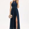 Formal & Evening | A-line Scoop Illusion Floor-Length Lace Chiffon Evening Dress Dark Navy – Womens