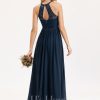 Formal & Evening | A-line Scoop Illusion Floor-Length Lace Chiffon Evening Dress Dark Navy – Womens