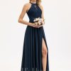 Formal & Evening | A-line Scoop Illusion Floor-Length Lace Chiffon Evening Dress Dark Navy – Womens