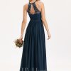 Formal & Evening | A-line Scoop Illusion Floor-Length Lace Chiffon Evening Dress Dark Navy – Womens