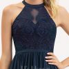 Formal & Evening | A-line Scoop Illusion Floor-Length Lace Chiffon Evening Dress Dark Navy – Womens