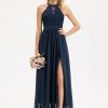 Formal & Evening | A-line Scoop Illusion Floor-Length Lace Chiffon Evening Dress Dark Navy – Womens