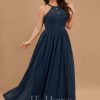 Formal & Evening | A-line Scoop Illusion Floor-Length Lace Chiffon Evening Dress Dark Navy – Womens